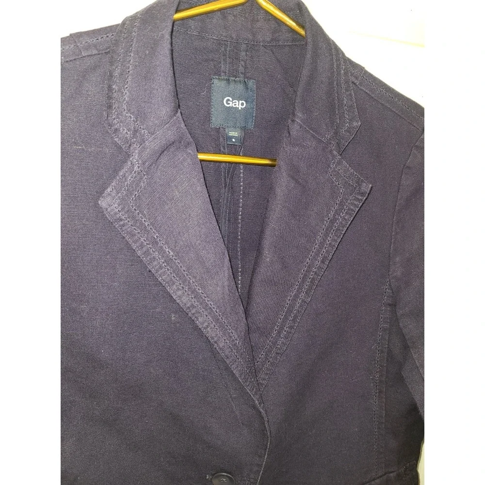 Gap Blazer Womens 6 Navy‎ Blue Linen Blend Notch Lapel 3/4 Sleeve Prep Academic